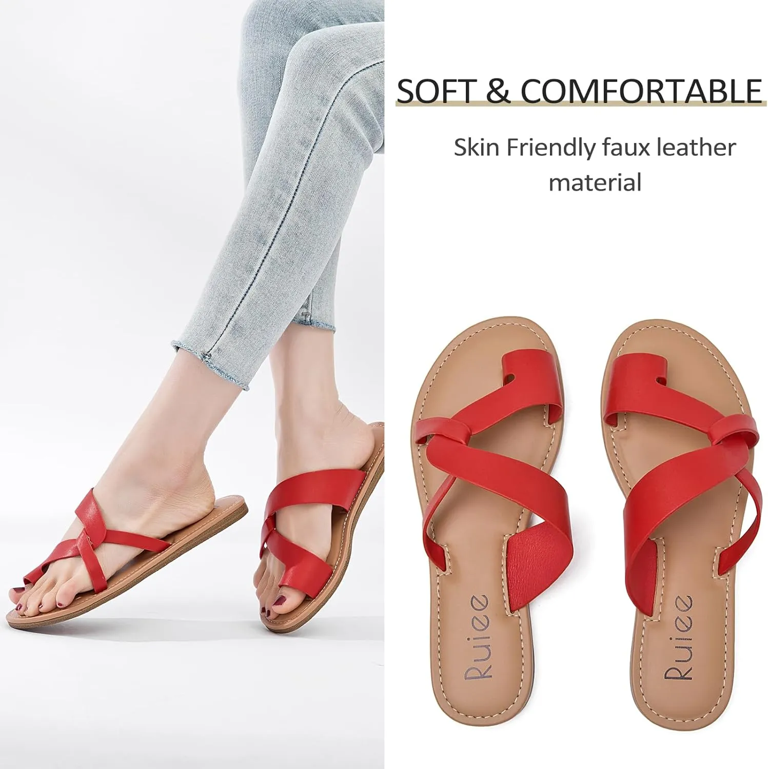 Women's Flat Slides Sandals, Summer Flip Flops Comfort Round Open Toe Slip On Strap Thong Beach Shoes for Women.