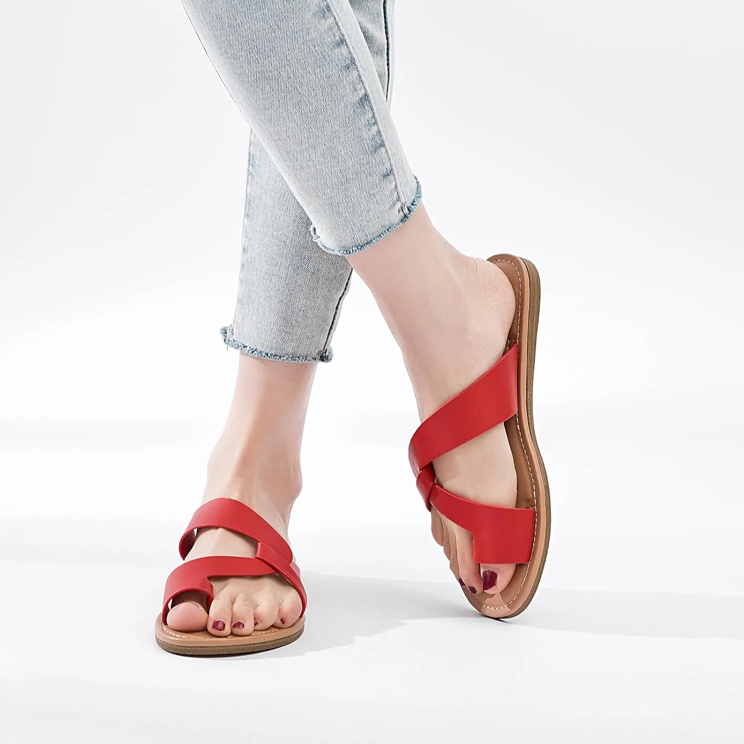 Women's Flat Slides Sandals, Summer Flip Flops Comfort Round Open Toe Slip On Strap Thong Beach Shoes for Women.