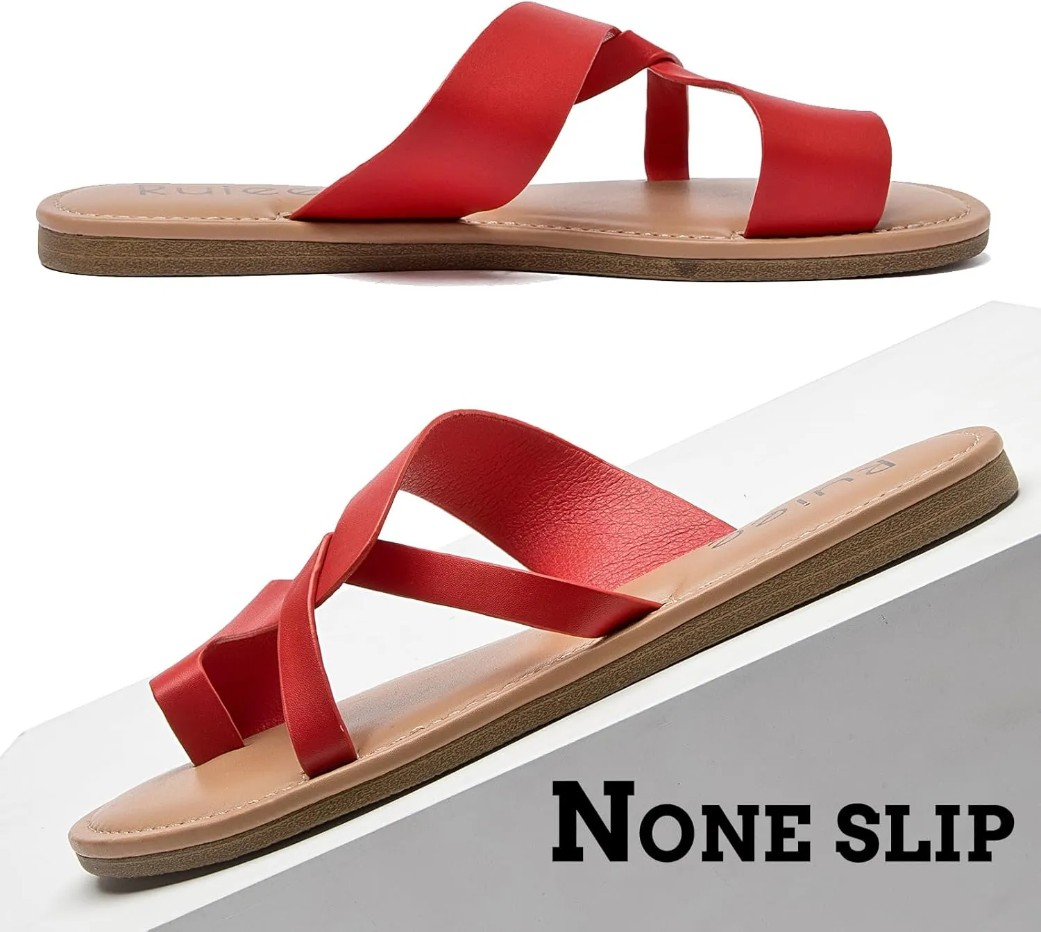 Women's Flat Slides Sandals, Summer Flip Flops Comfort Round Open Toe Slip On Strap Thong Beach Shoes for Women.