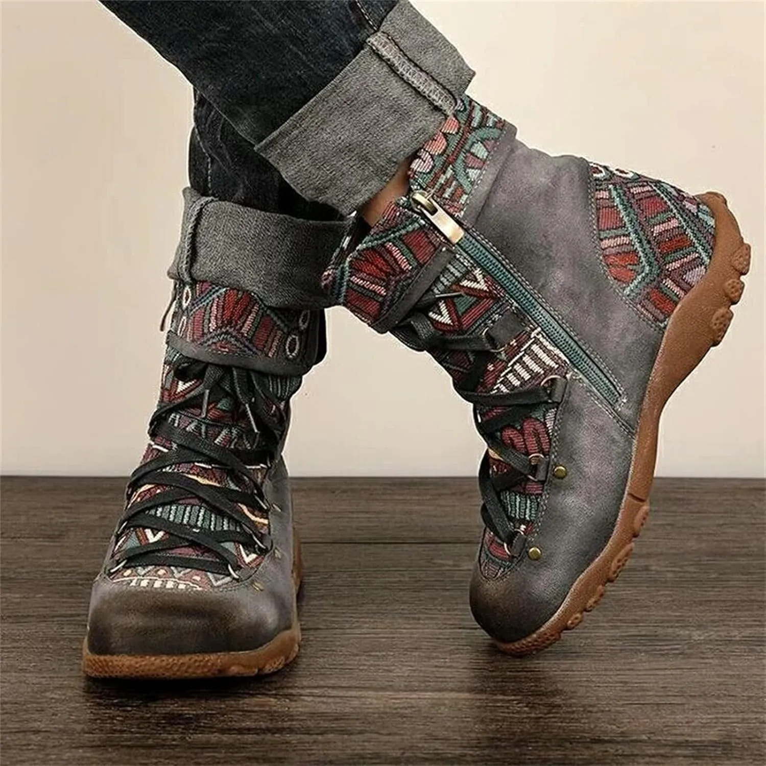 Women's Flat Sports Booties Bohemian Boots Folk Printed Casual Fashion Lace Up Zip Ankle Boots Vintage Party Shoes