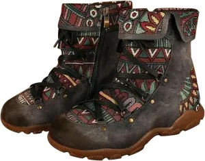 Women's Flat Sports Booties Bohemian Boots Folk Printed Casual Fashion Lace Up Zip Ankle Boots Vintage Party Shoes