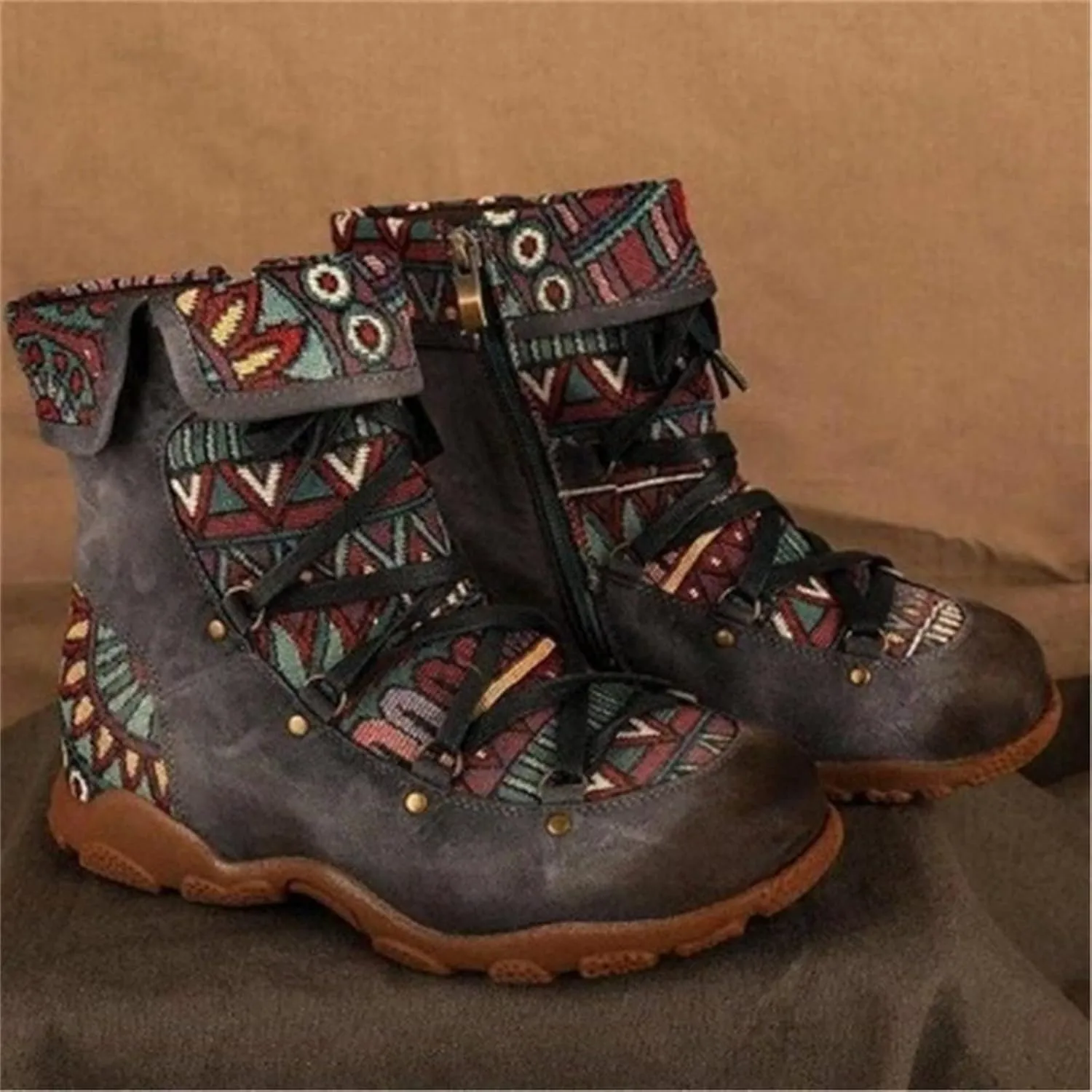 Women's Flat Sports Booties Bohemian Boots Folk Printed Casual Fashion Lace Up Zip Ankle Boots Vintage Party Shoes
