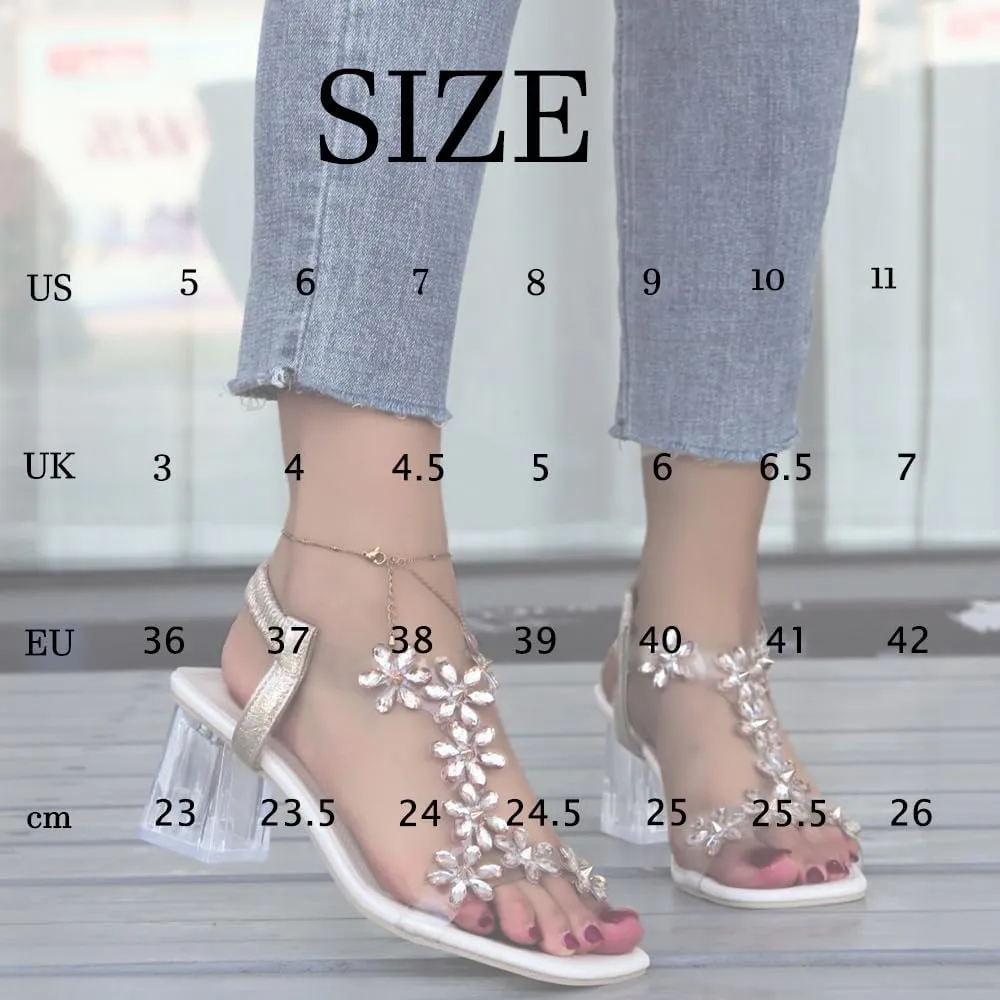 Womens Flower Rhinestone Block Heel Sandals, Fashion Elastic Ankle Strap Clear Block Heel Sandals, Summer Sexy Open Toe Square Toe High Heels