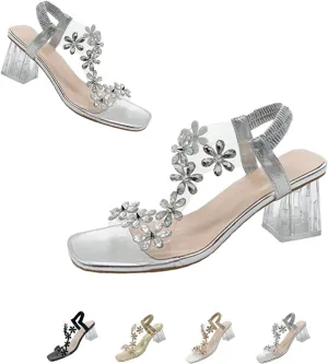 Womens Flower Rhinestone Block Heel Sandals, Fashion Elastic Ankle Strap Clear Block Heel Sandals, Summer Sexy Open Toe Square Toe High Heels