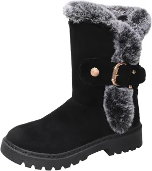 Womens Fur Lined Warm Winter Snow Boots Classic Fashion Suede Low Heeled Mid Calf Boots with Buckles Anti Slip Outdoor Boots Comfortable Shoes for Women