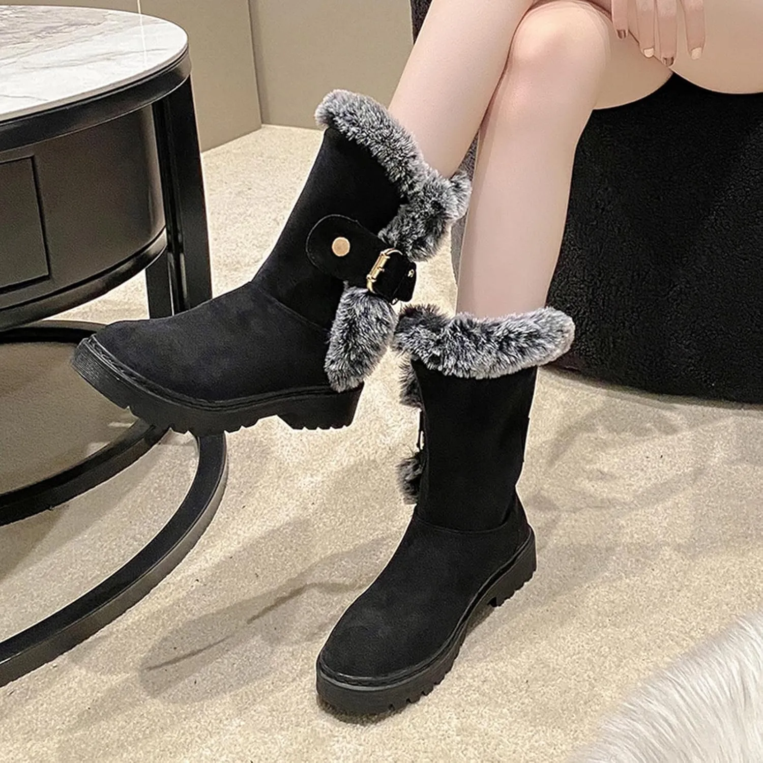 Womens Fur Lined Warm Winter Snow Boots Classic Fashion Suede Low Heeled Mid Calf Boots with Buckles Anti Slip Outdoor Boots Comfortable Shoes for Women