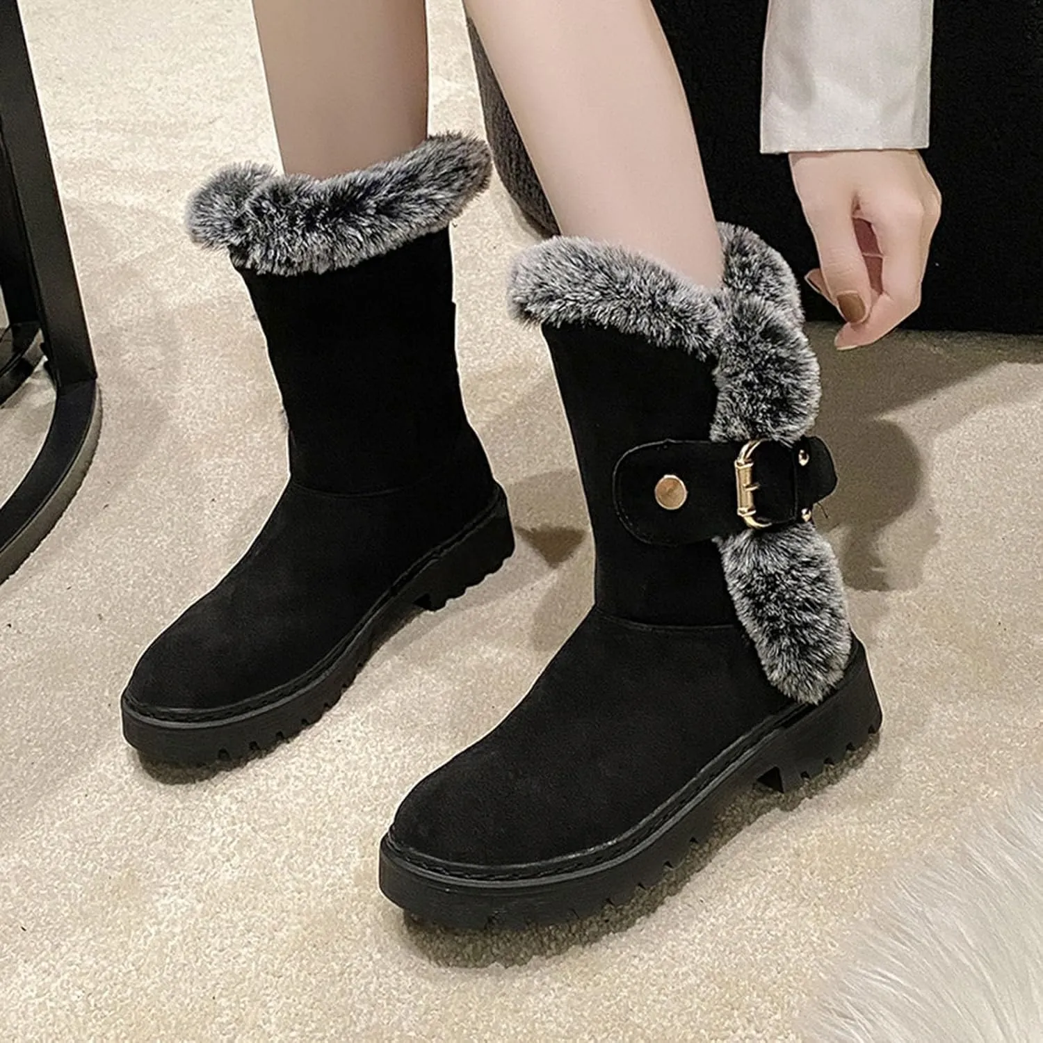 Womens Fur Lined Warm Winter Snow Boots Classic Fashion Suede Low Heeled Mid Calf Boots with Buckles Anti Slip Outdoor Boots Comfortable Shoes for Women