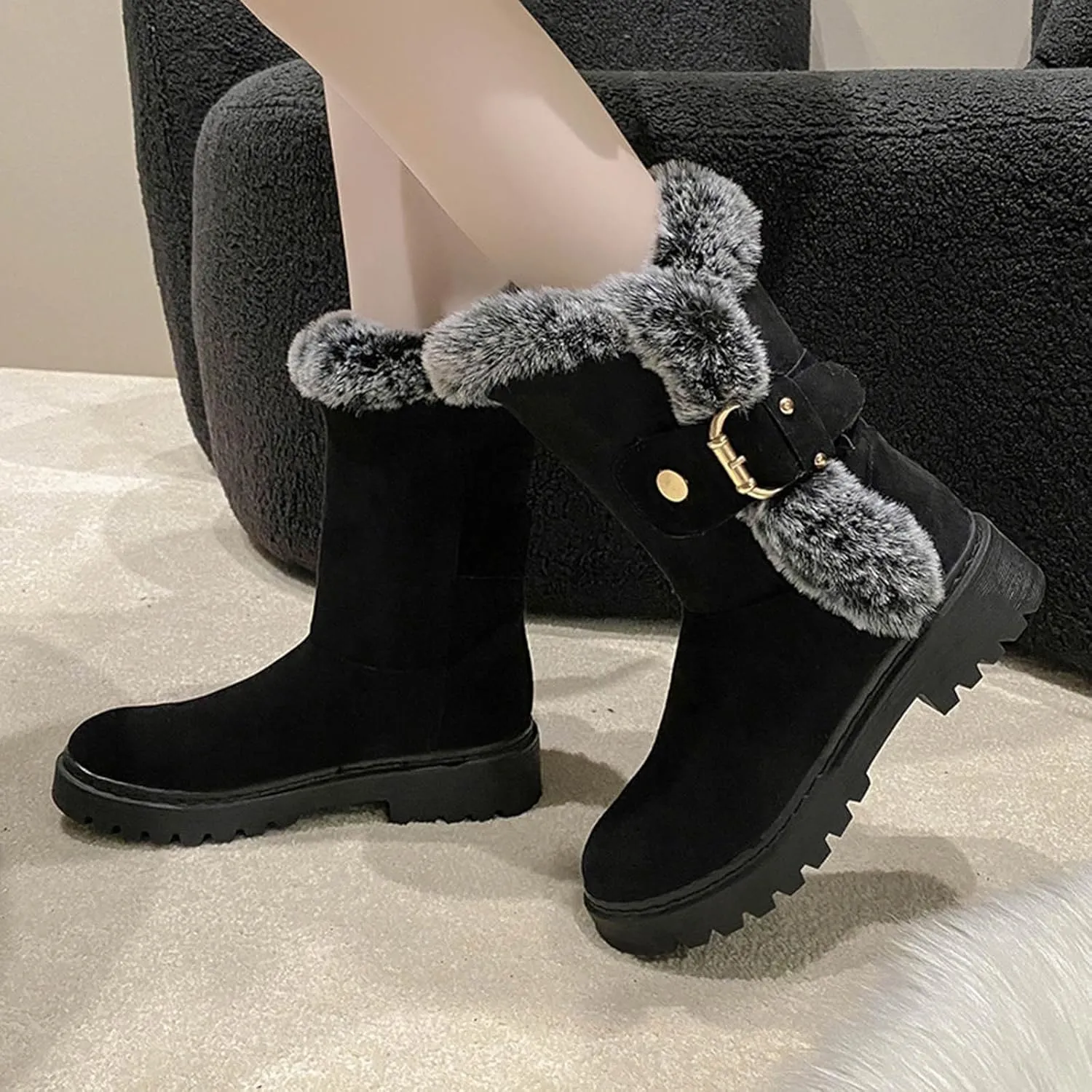 Womens Fur Lined Warm Winter Snow Boots Classic Fashion Suede Low Heeled Mid Calf Boots with Buckles Anti Slip Outdoor Boots Comfortable Shoes for Women