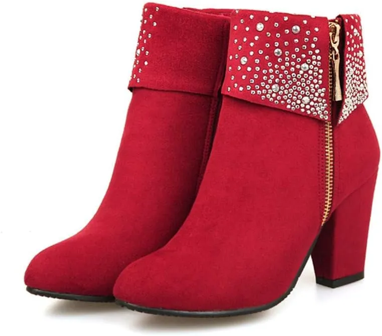 Women's Glitter Short Boots with Chunky Heel Zipper on Side Ladies Round Toe Ankle Booties