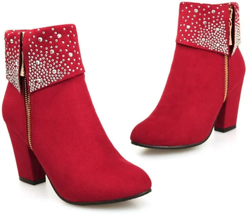 Women's Glitter Short Boots with Chunky Heel Zipper on Side Ladies Round Toe Ankle Booties