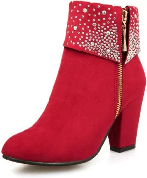 Women's Glitter Short Boots with Chunky Heel Zipper on Side Ladies Round Toe Ankle Booties