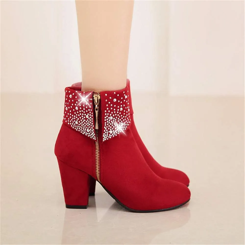 Women's Glitter Short Boots with Chunky Heel Zipper on Side Ladies Round Toe Ankle Booties