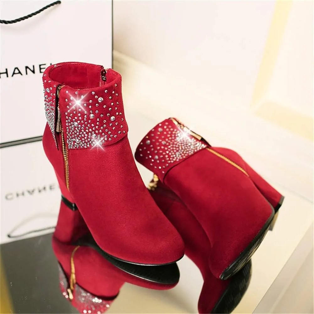 Women's Glitter Short Boots with Chunky Heel Zipper on Side Ladies Round Toe Ankle Booties