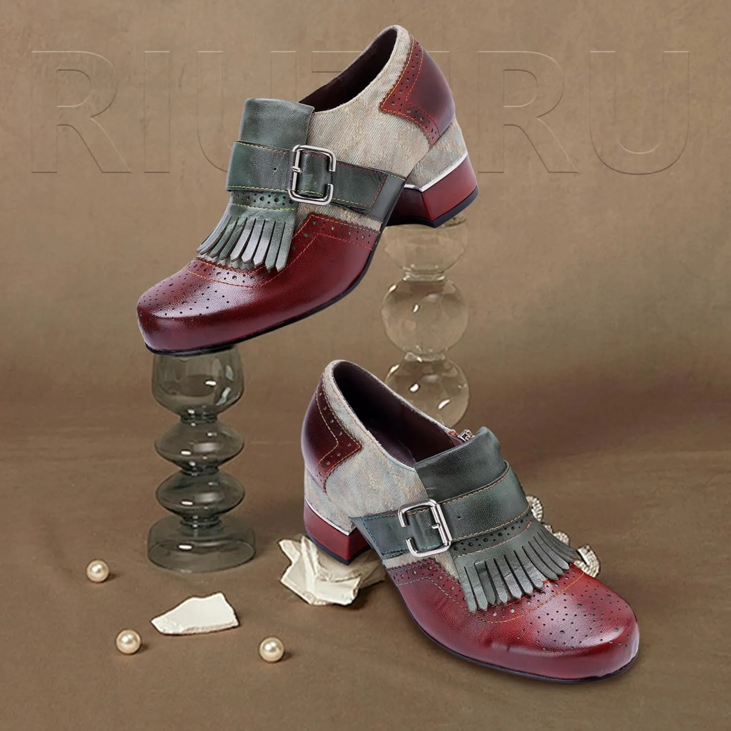Women's Handmade Lambskin Oxford Loafers Shoes with Retro Ethnic Printed Style, Brock Design for Casual and Fashion Collegiate Style