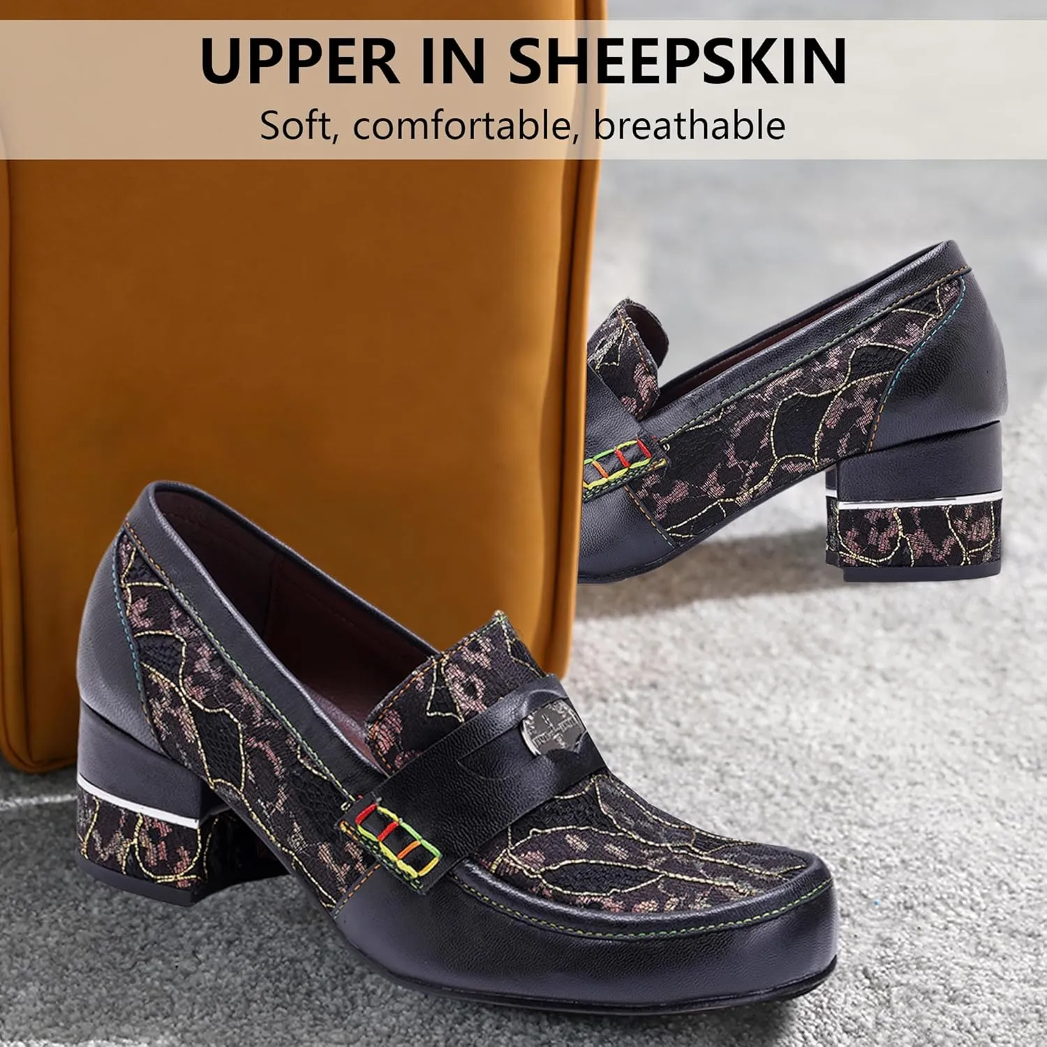 Women's Handmade Lambskin Oxford Loafers Shoes with Retro Ethnic Printed Style, Brock Design for Casual and Fashion Collegiate Style