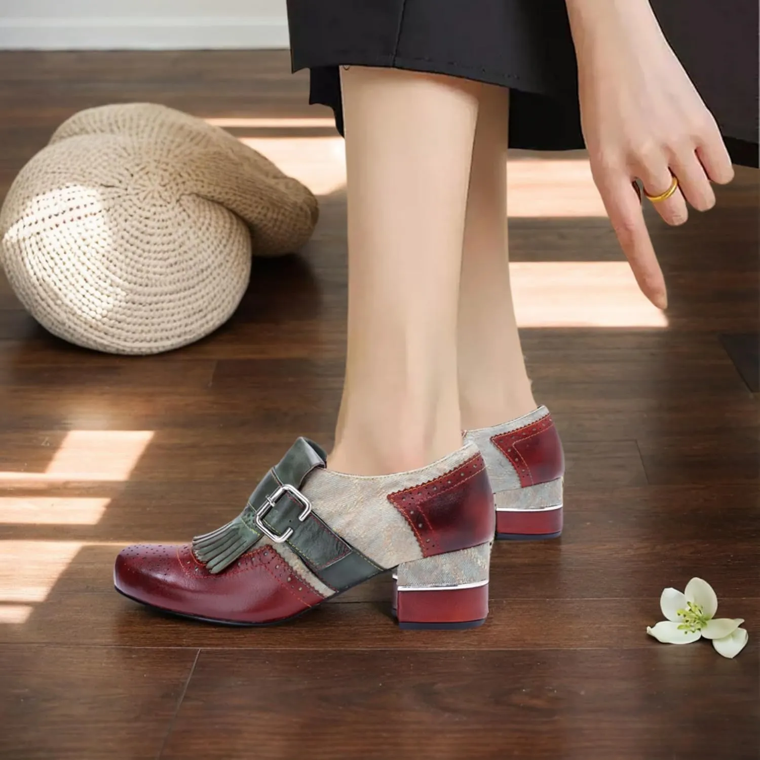 Women's Handmade Lambskin Oxford Loafers Shoes with Retro Ethnic Printed Style, Brock Design for Casual and Fashion Collegiate Style