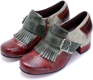 Women's Handmade Lambskin Oxford Loafers Shoes with Retro Ethnic Printed Style, Brock Design for Casual and Fashion Collegiate Style