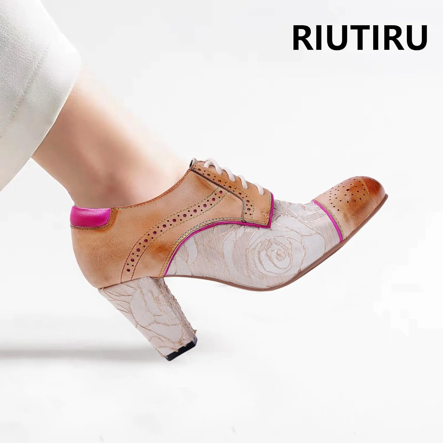 Women's Handmade Lambskin Oxford Loafers Shoes with Retro Ethnic Printed Style, Brock Design for Casual and Fashion Collegiate Style