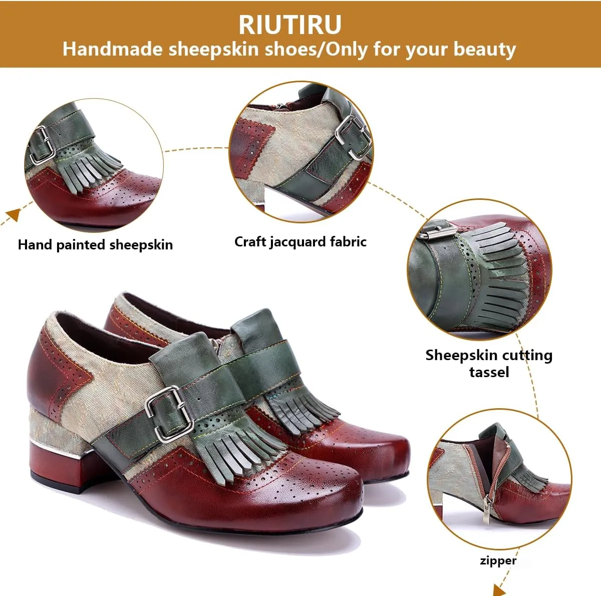 Women's Handmade Lambskin Oxford Loafers Shoes with Retro Ethnic Printed Style, Brock Design for Casual and Fashion Collegiate Style