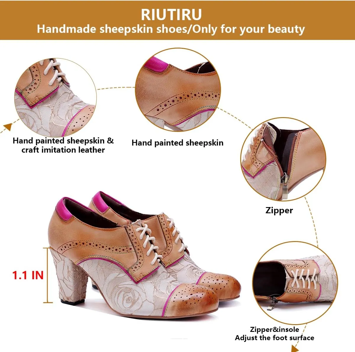 Women's Handmade Lambskin Oxford Loafers Shoes with Retro Ethnic Printed Style, Brock Design for Casual and Fashion Collegiate Style