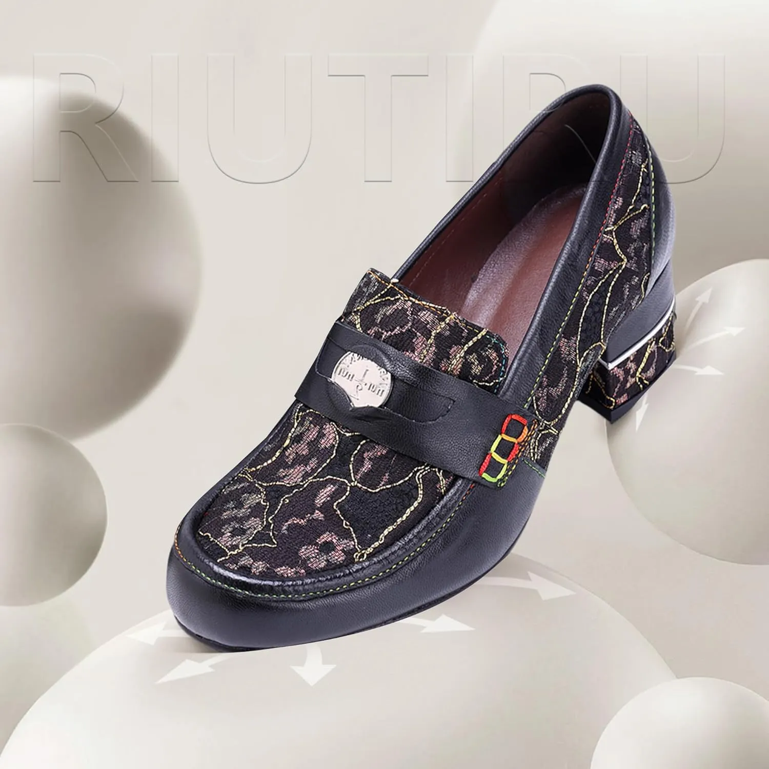 Women's Handmade Lambskin Oxford Loafers Shoes with Retro Ethnic Printed Style, Brock Design for Casual and Fashion Collegiate Style