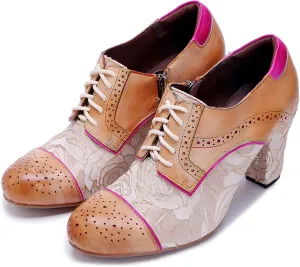 Women's Handmade Lambskin Oxford Loafers Shoes with Retro Ethnic Printed Style, Brock Design for Casual and Fashion Collegiate Style