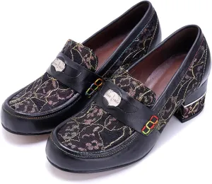 Women's Handmade Lambskin Oxford Loafers Shoes with Retro Ethnic Printed Style, Brock Design for Casual and Fashion Collegiate Style