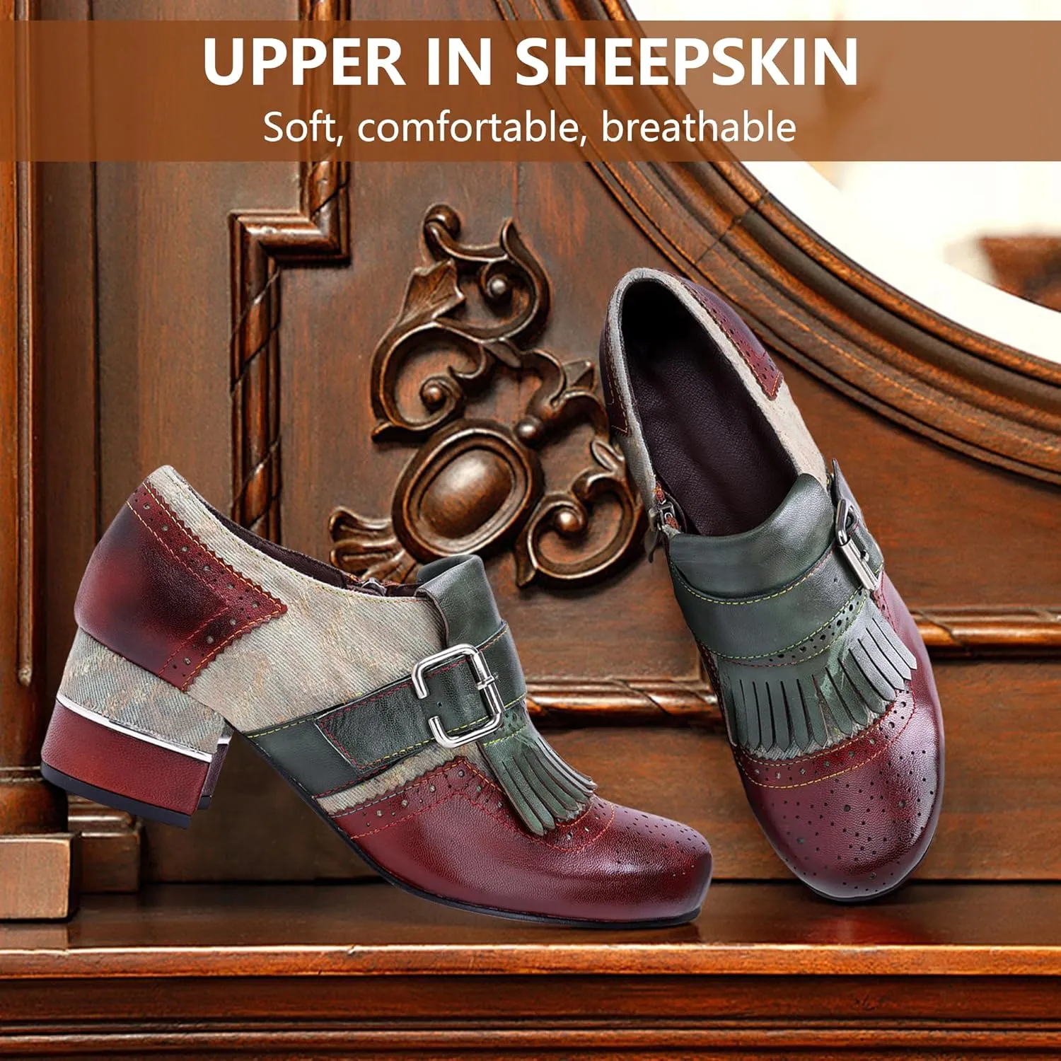 Women's Handmade Lambskin Oxford Loafers Shoes with Retro Ethnic Printed Style, Brock Design for Casual and Fashion Collegiate Style