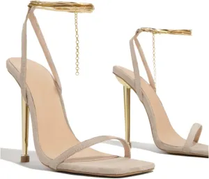 Women’s High Pointy Open toe Stilettos Sandals Comfort Slingback Chain Ankle Strap Heeled Shoes 3.14Inches Pump Dress Party Prom Wedding Shoes
