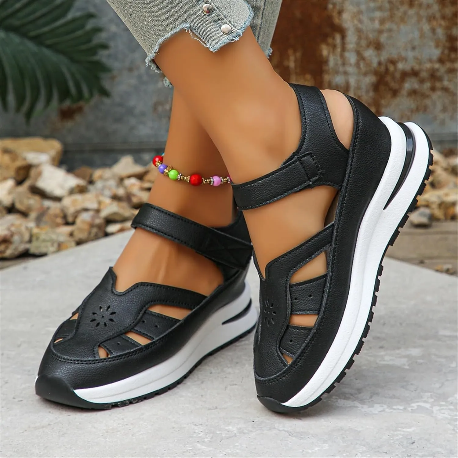 Women's Hollow Out Sandals Breathable Platform Wedge Sandal Leather Closed Toe Shoes Comfortable Casual Roman Sandals Height-Boosting Thick Sole Shoe 2025 Stylish Dressy Business Shoes