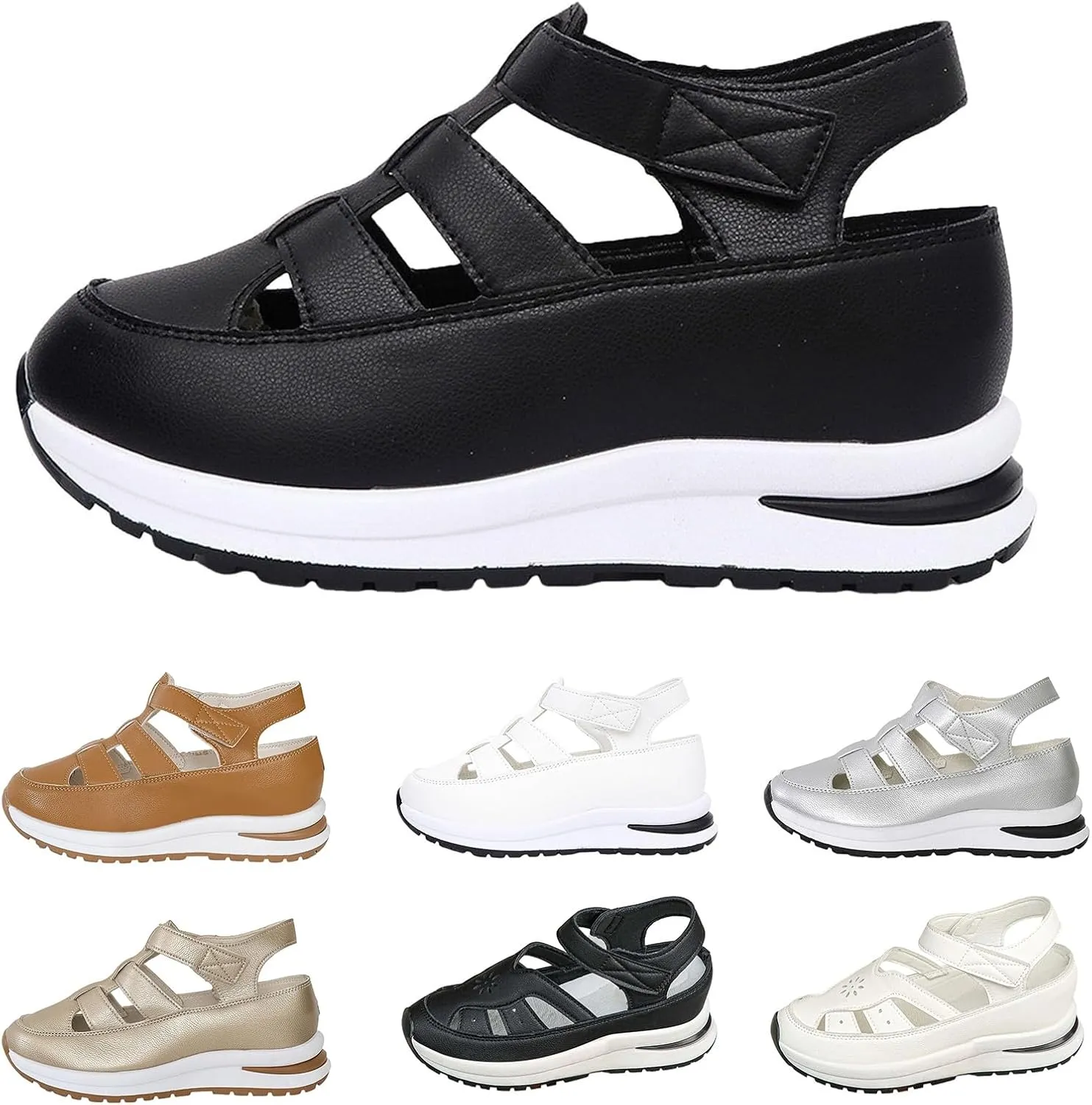 Women's Hollow Out Sandals Breathable Platform Wedge Sandal Leather Closed Toe Shoes Comfortable Casual Roman Sandals Height-Boosting Thick Sole Shoe 2025 Stylish Dressy Business Shoes