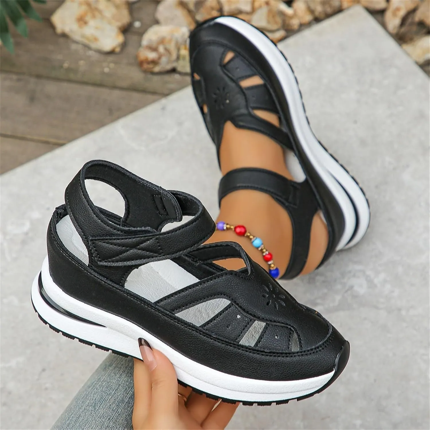 Women's Hollow Out Sandals Breathable Platform Wedge Sandal Leather Closed Toe Shoes Comfortable Casual Roman Sandals Height-Boosting Thick Sole Shoe 2025 Stylish Dressy Business Shoes