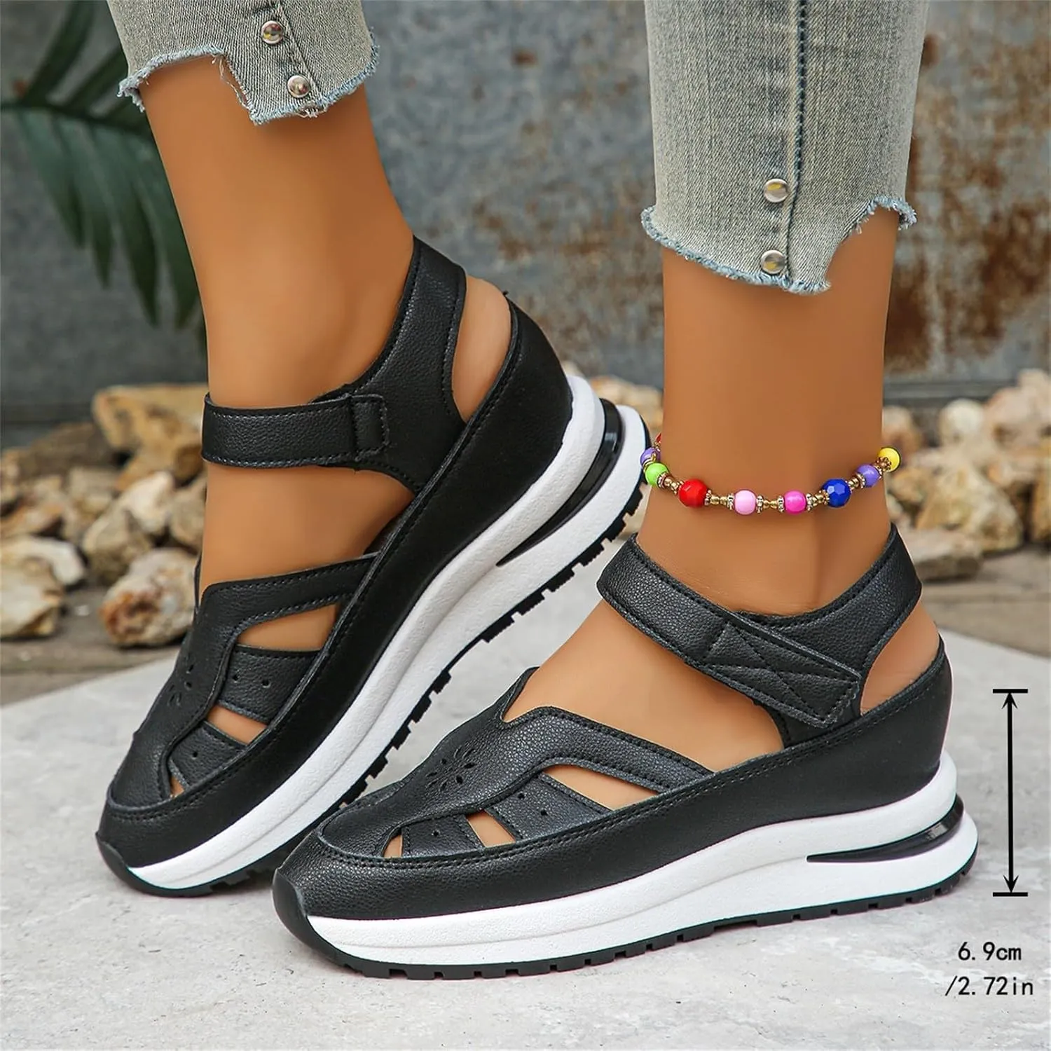 Women's Hollow Out Sandals Breathable Platform Wedge Sandal Leather Closed Toe Shoes Comfortable Casual Roman Sandals Height-Boosting Thick Sole Shoe 2025 Stylish Dressy Business Shoes