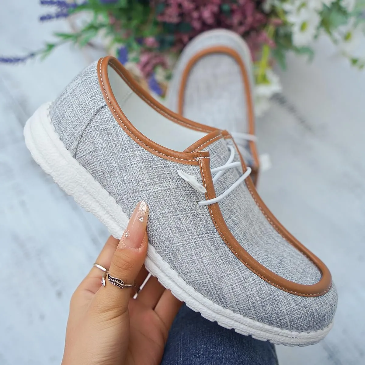Womens Lace-Up Canvas Lightweight Boat Shoes Casual Comfortable Slip on Knit Loafers Outdoor Walking Low Top Wide Deck Shoes