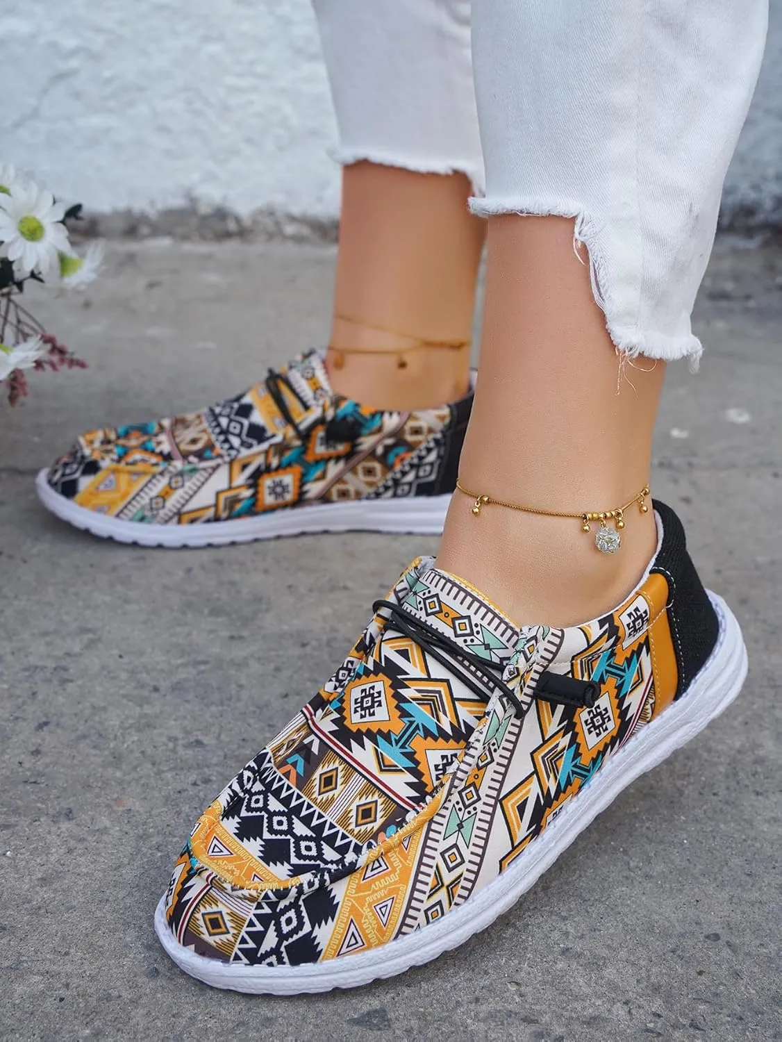 Women's Lace-up Loafers Canvas Loafers with Arch Support Color Painted Wide Width Walking Sneakers Comfortable Slip-on Sneakers