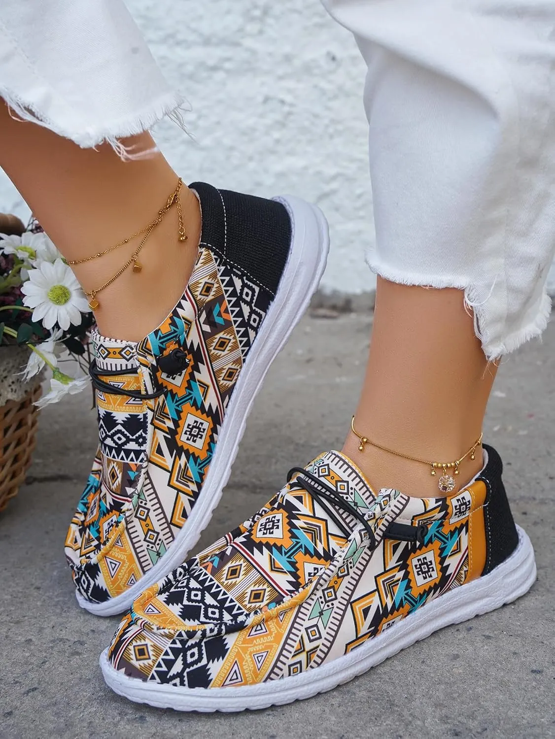 Women's Lace-up Loafers Canvas Loafers with Arch Support Color Painted Wide Width Walking Sneakers Comfortable Slip-on Sneakers