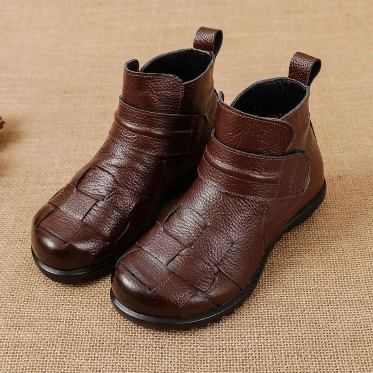 Women'S Leather Plush Hook & Loop Woven Ankle Boots,Winter Comfort Non-Slip Soft Sole Casual Warm High Top Short Booties,Fashion Retro Low Wedge Round Toe Dress Boots,