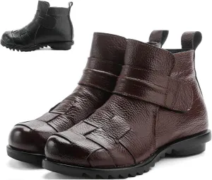 Women'S Leather Plush Hook & Loop Woven Ankle Boots,Winter Comfort Non-Slip Soft Sole Casual Warm High Top Short Booties,Fashion Retro Low Wedge Round Toe Dress Boots,