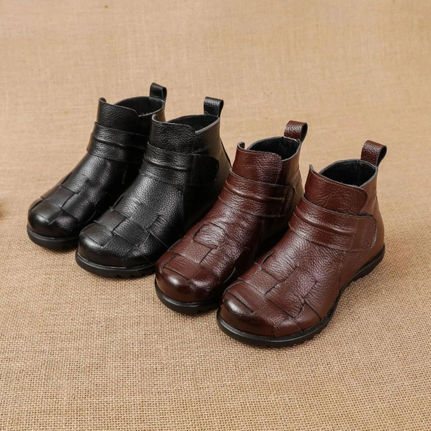 Women'S Leather Plush Hook & Loop Woven Ankle Boots,Winter Comfort Non-Slip Soft Sole Casual Warm High Top Short Booties,Fashion Retro Low Wedge Round Toe Dress Boots,