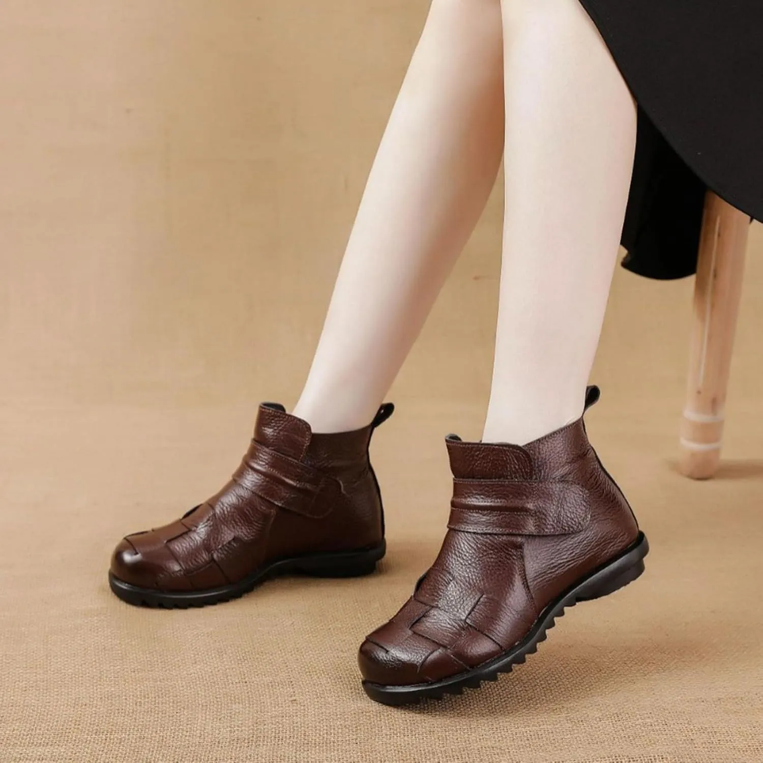 Women'S Leather Plush Hook & Loop Woven Ankle Boots,Winter Comfort Non-Slip Soft Sole Casual Warm High Top Short Booties,Fashion Retro Low Wedge Round Toe Dress Boots,