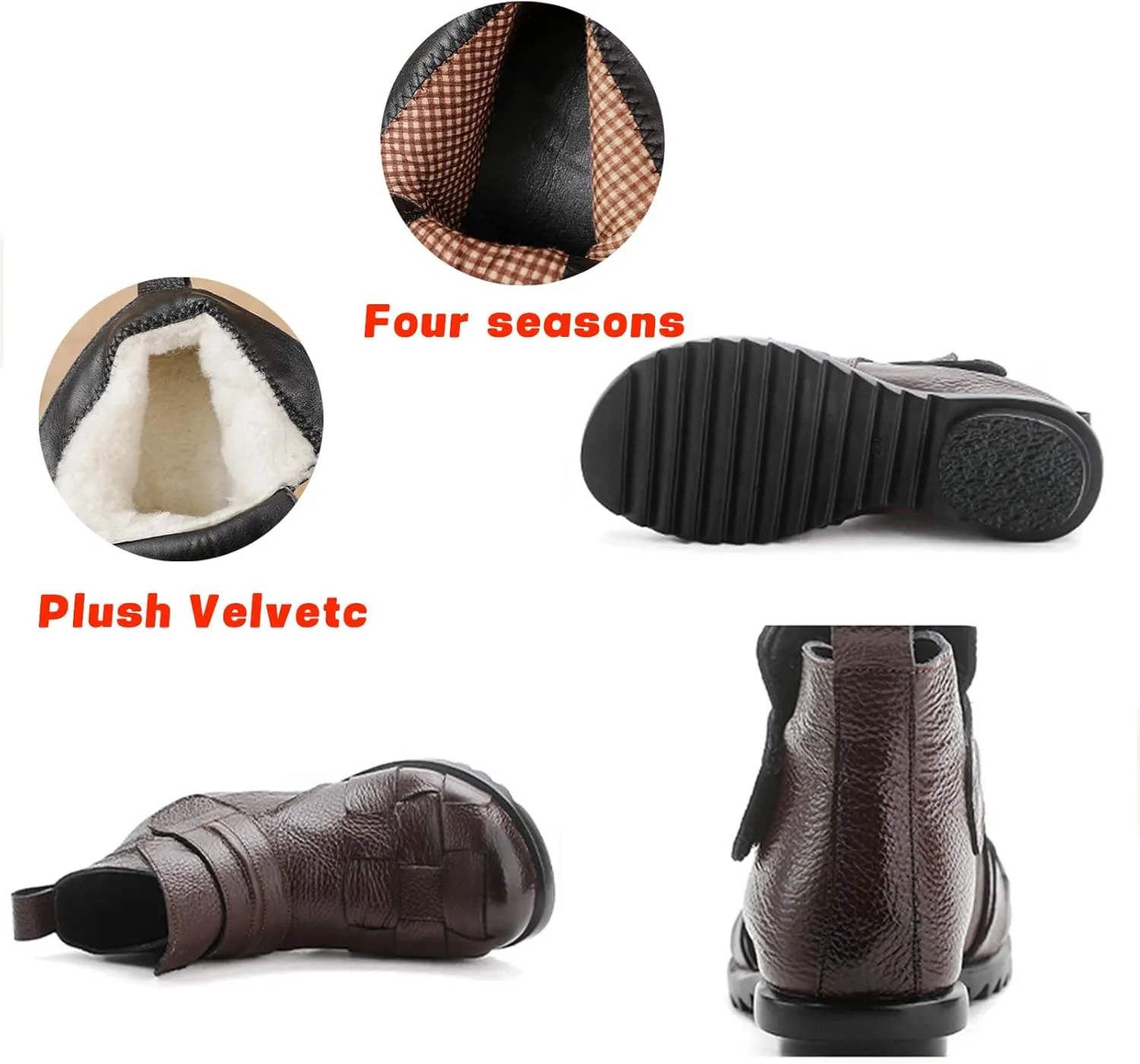Women'S Leather Plush Hook & Loop Woven Ankle Boots,Winter Comfort Non-Slip Soft Sole Casual Warm High Top Short Booties,Fashion Retro Low Wedge Round Toe Dress Boots,