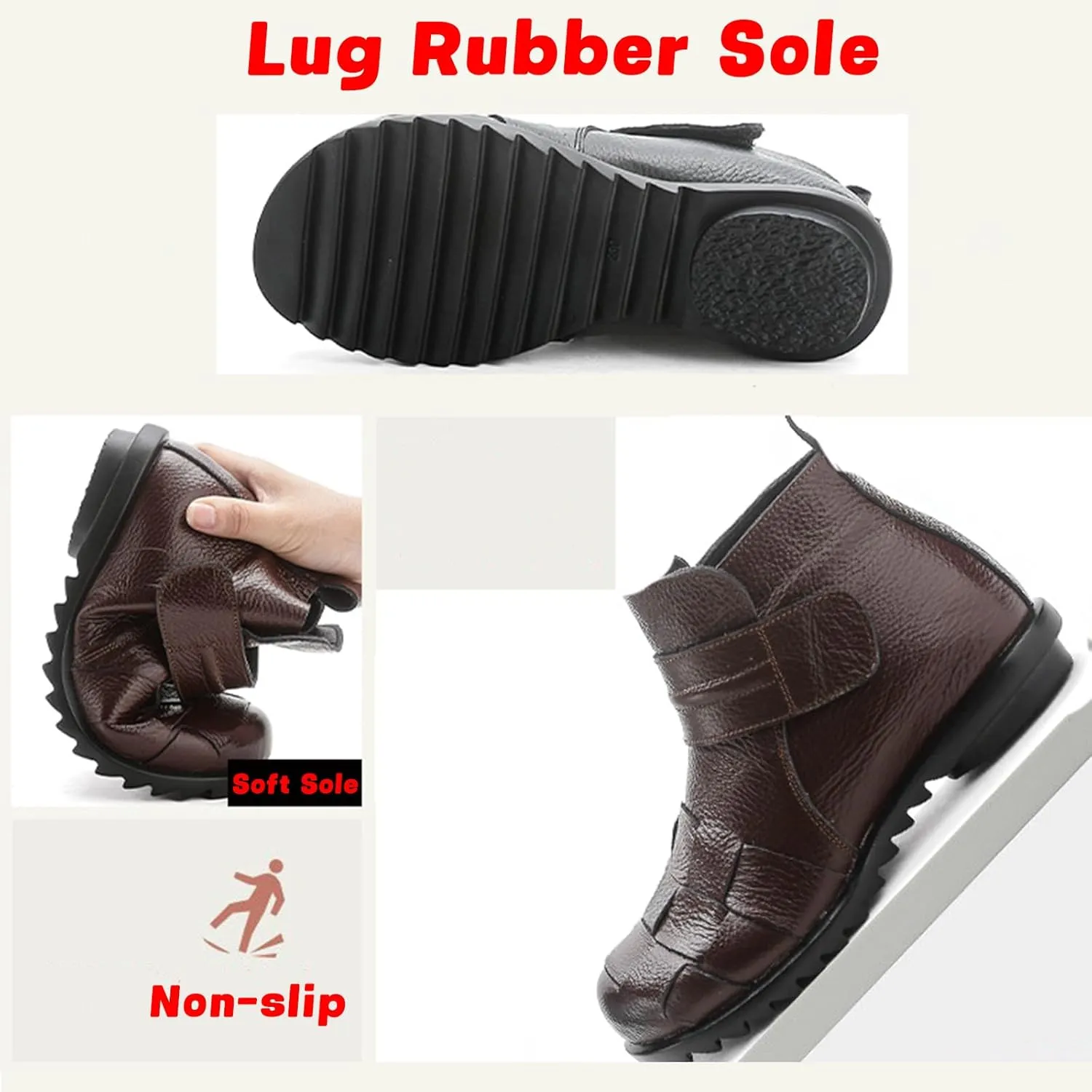 Women'S Leather Plush Hook & Loop Woven Ankle Boots,Winter Comfort Non-Slip Soft Sole Casual Warm High Top Short Booties,Fashion Retro Low Wedge Round Toe Dress Boots,