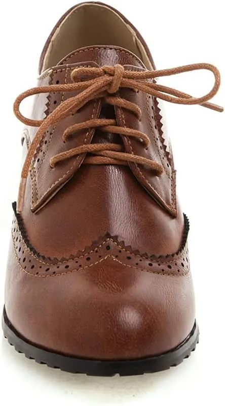 Women's Leather Vintage Oxfords Brogues Lace up Chunky Stacked Mid Heel Pumps Round Toe Dress Shoes