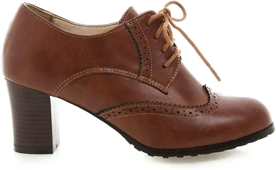 Women's Leather Vintage Oxfords Brogues Lace up Chunky Stacked Mid Heel Pumps Round Toe Dress Shoes
