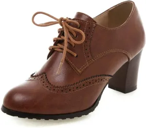 Women's Leather Vintage Oxfords Brogues Lace up Chunky Stacked Mid Heel Pumps Round Toe Dress Shoes