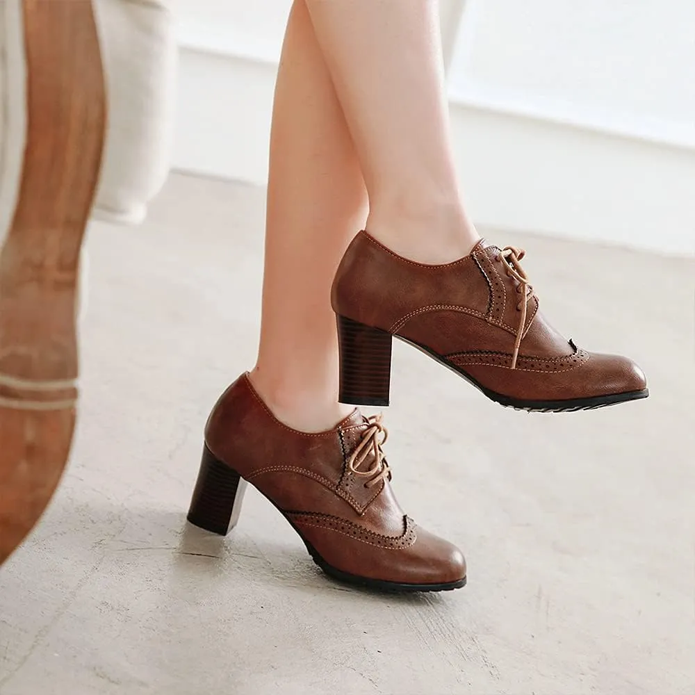 Women's Leather Vintage Oxfords Brogues Lace up Chunky Stacked Mid Heel Pumps Round Toe Dress Shoes
