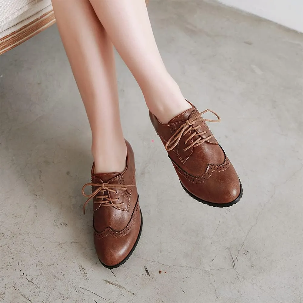 Women's Leather Vintage Oxfords Brogues Lace up Chunky Stacked Mid Heel Pumps Round Toe Dress Shoes