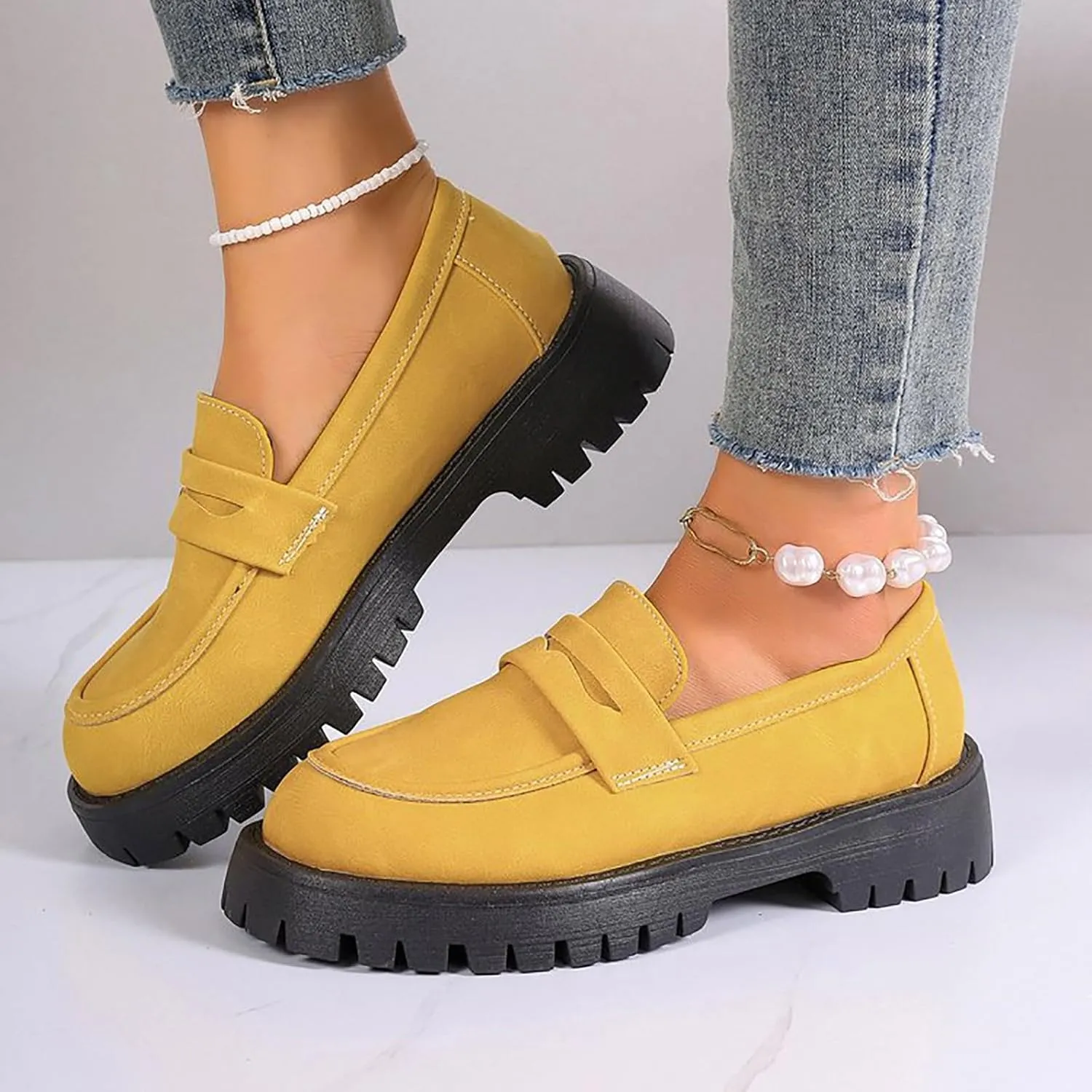 Womens Loafers Comfortable Dressy 2025 Platform Loafers for Women Suede Penny Loafers Lug Sole Casual Slip-Ons Work Business Casual Shoes Women