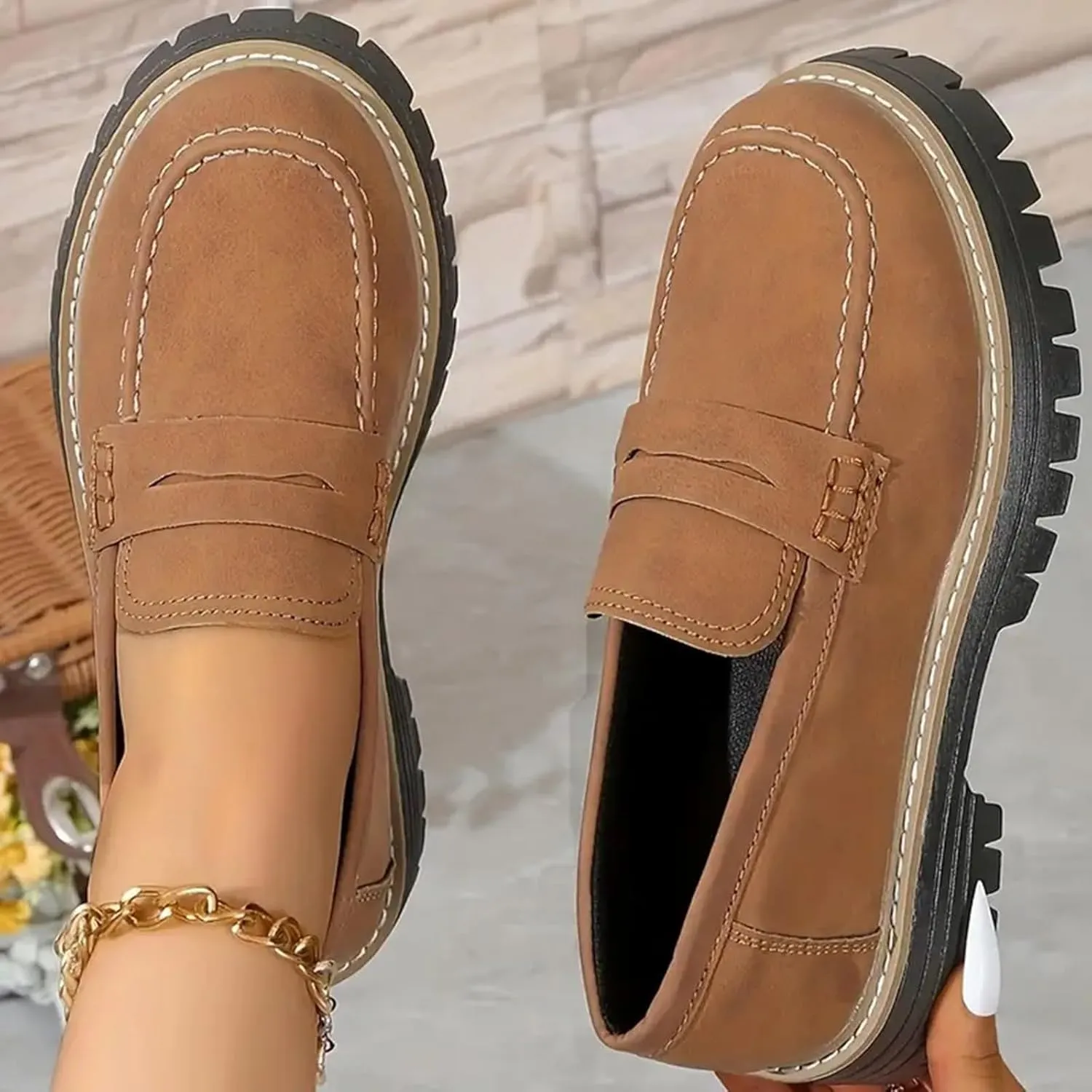 Womens Loafers Shoes Platform Chunky Penny Loafer Lug Sole Wide Width Comfortable Slip On Chunky Shoes for Women Work Office Business Casual Dress Shoe Walking Dresses Trendy Flats Loafer Sneakers