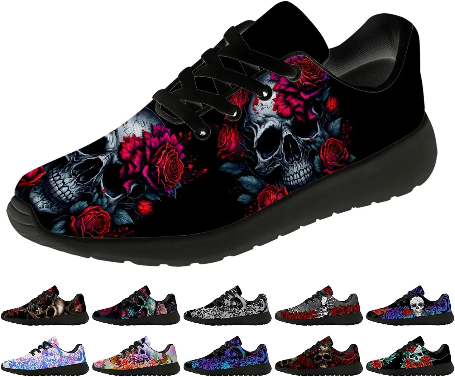 Women's Men's Skull Shoes Flower Running Shoes Skull Tennis Sneakers Gifts for Women Men